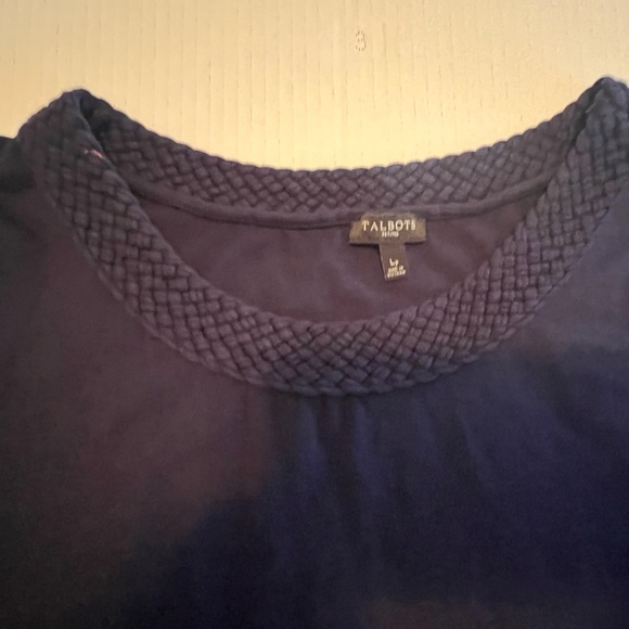 Talbots Navy Blue Boxy Short Sleeve Tee with Woven Look Neck. Large Petite - Picture 2 of 5